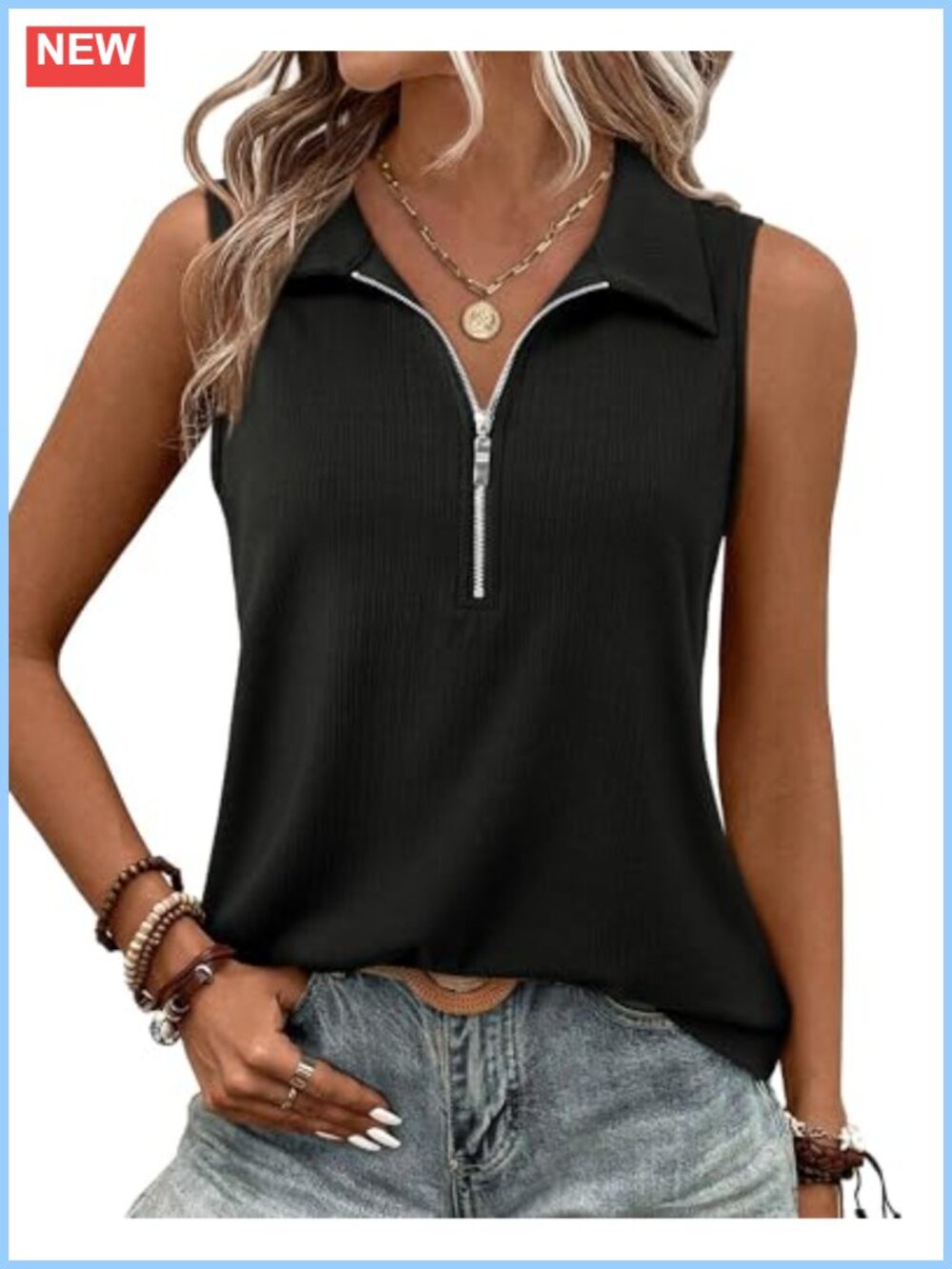 Womens Ribbed Tank Top Zipper V Neck Dressy Casual Sleeveless Camisole Tops